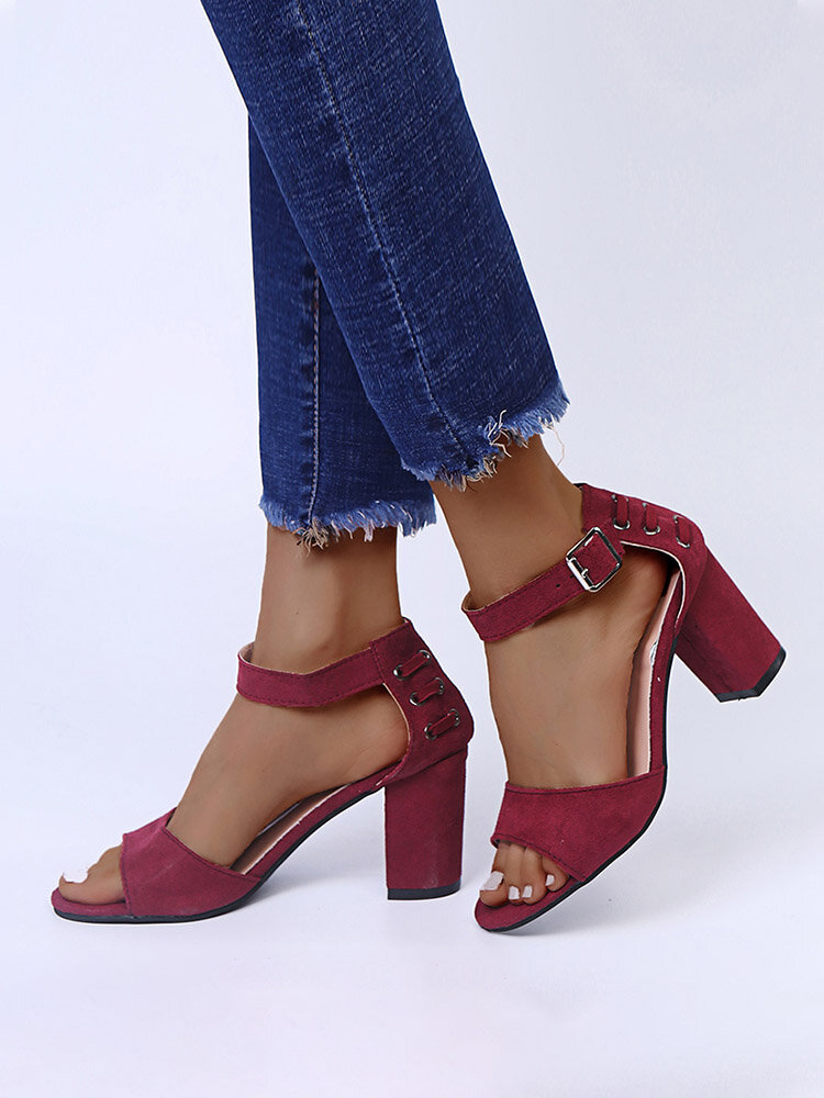 
	Large Size Women Suede Peep Toe Solid Color Buckle Strap Heels Sandals