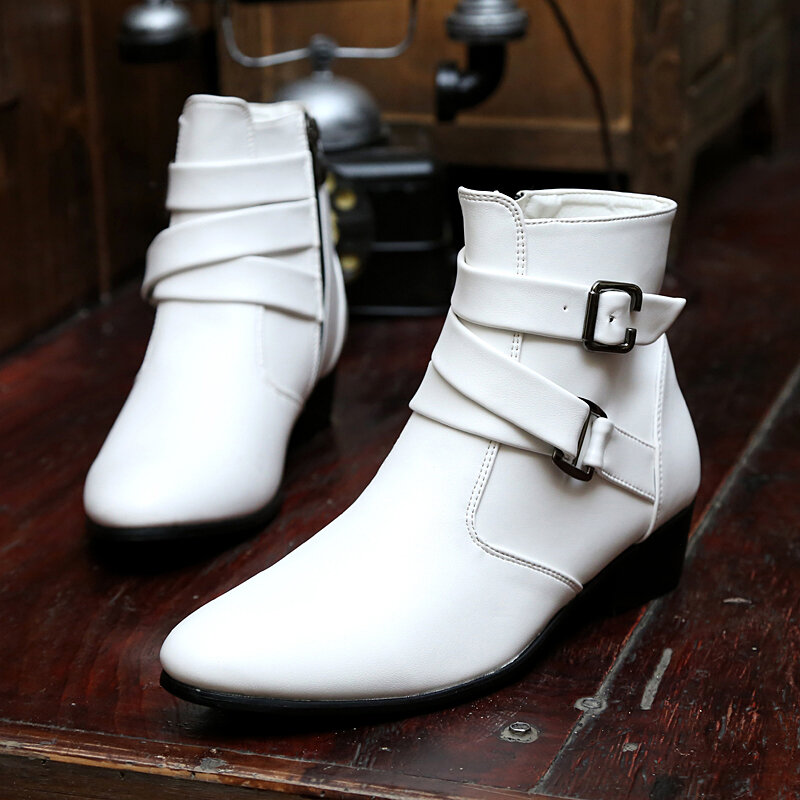 
	Men PU Non Slip Pointed Toe Side Zipper Buckle Casual Boots