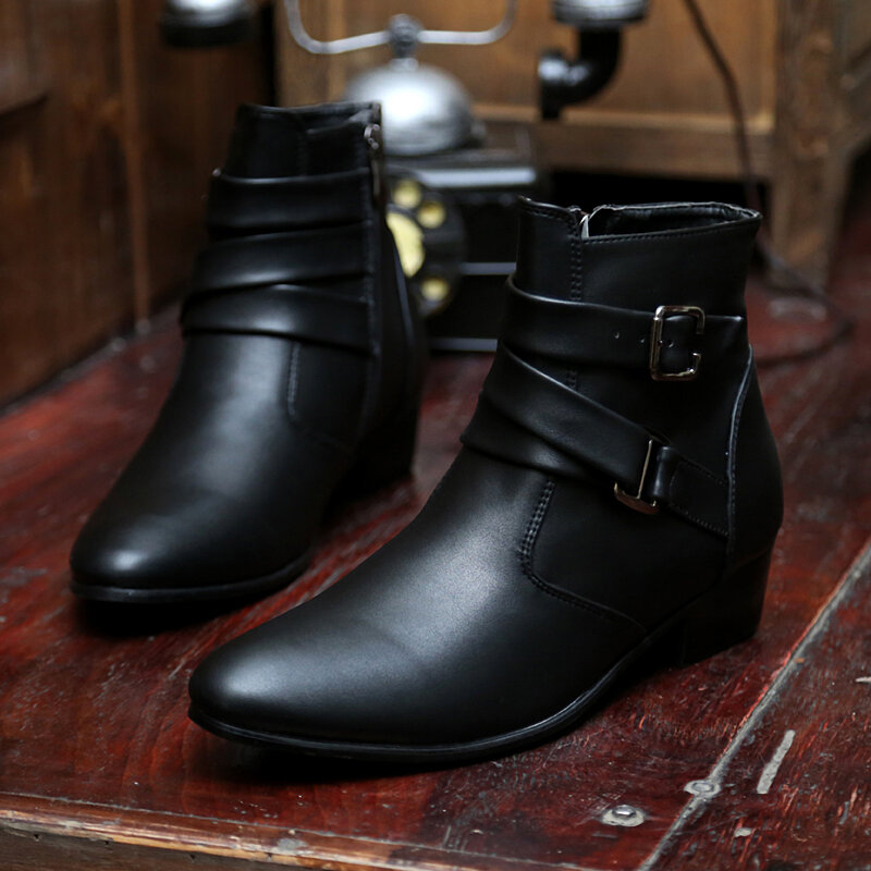 
	Men PU Non Slip Pointed Toe Side Zipper Buckle Casual Boots