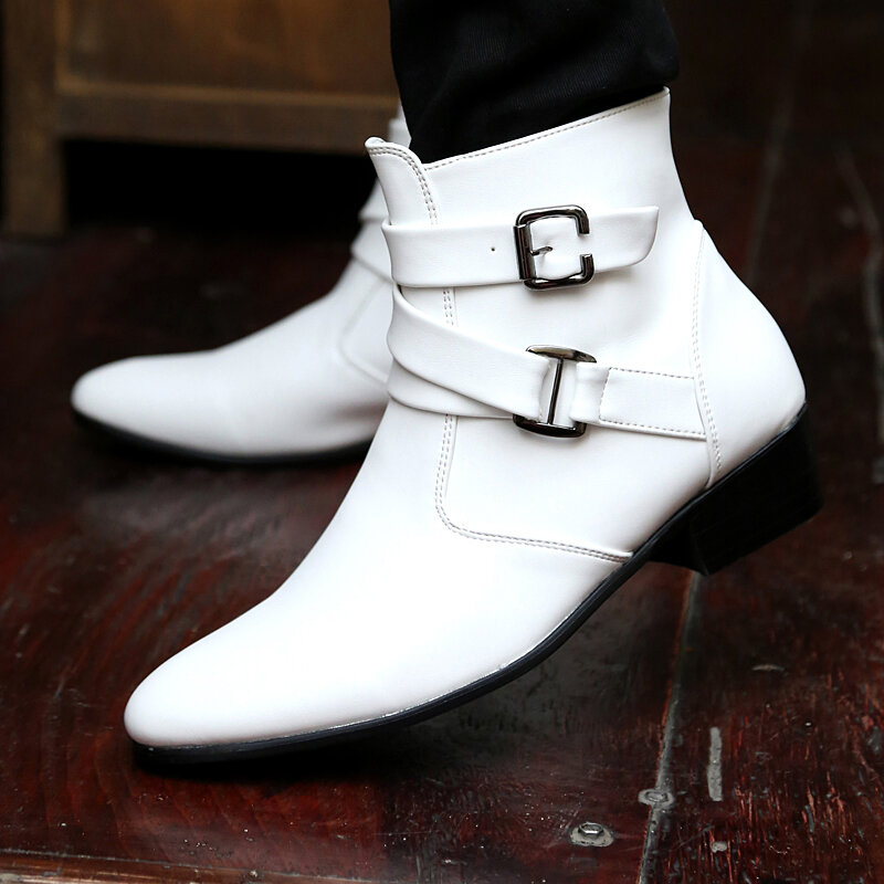 
	Men PU Non Slip Pointed Toe Side Zipper Buckle Casual Boots