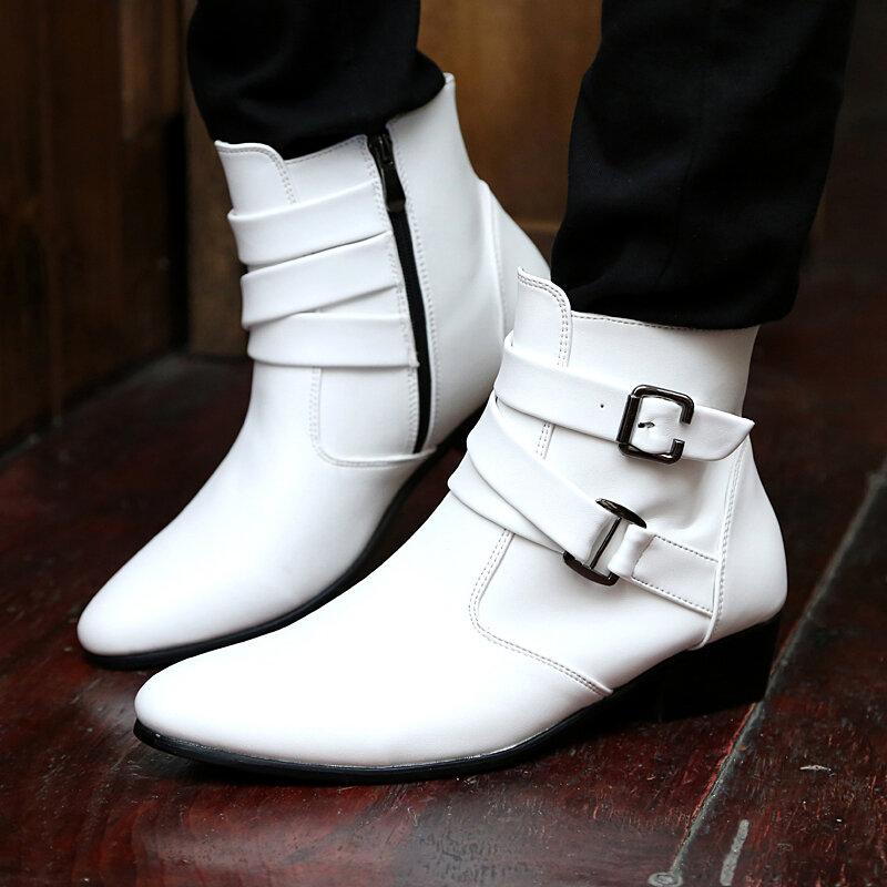 
	Men PU Non Slip Pointed Toe Side Zipper Buckle Casual Boots