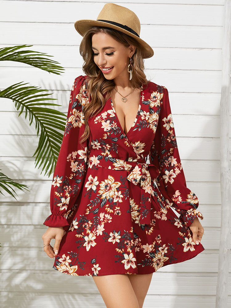 
	Flower Print Belt Long Sleeve Cross Wrap V-neck Dress
