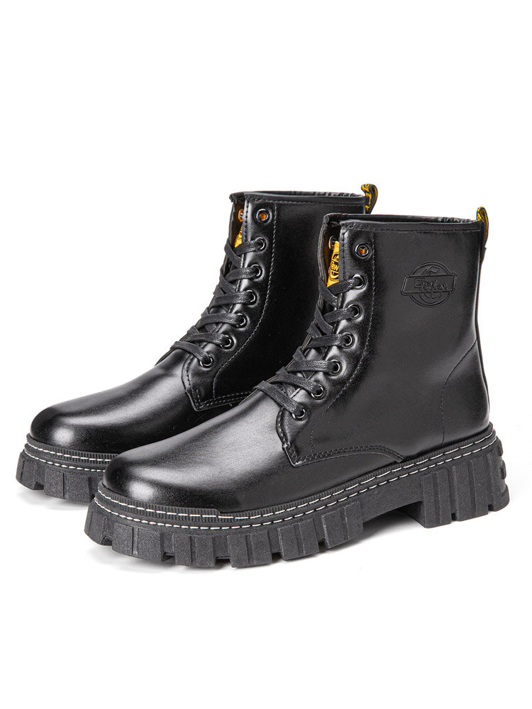 
	Men Black Comfort Round Toe Pure Color PU Leather Mid Calf Boots