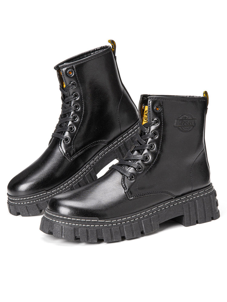 
	Men Black Comfort Round Toe Pure Color PU Leather Mid Calf Boots