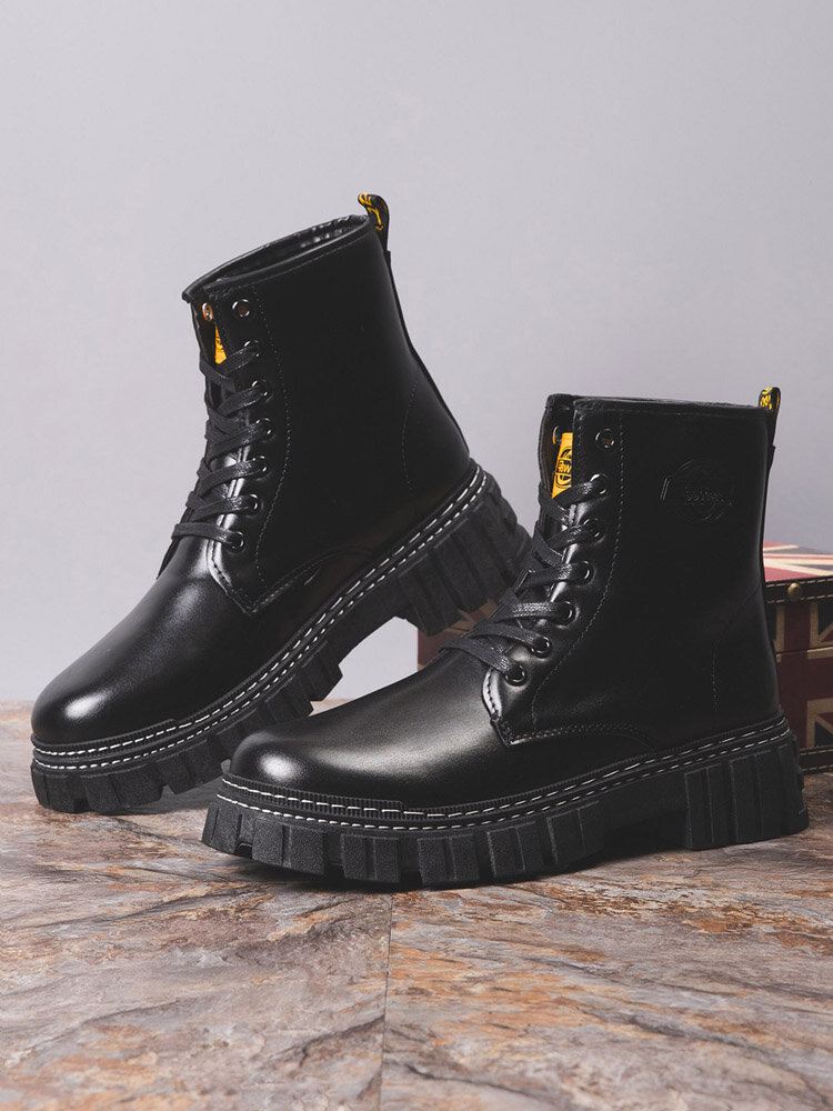 
	Men Black Comfort Round Toe Pure Color PU Leather Mid Calf Boots