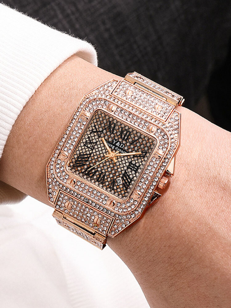 
	Causal Big Dial Steel Band Diamond Quartz Watch For Men Women