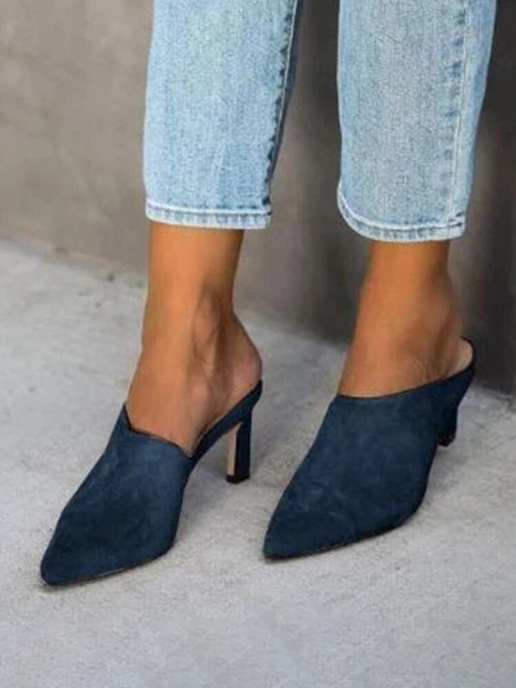 
	Large Size Solid Color Suede Pointed Closed Toe Mules Heels For Women