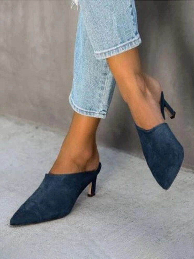 
	Large Size Solid Color Suede Pointed Closed Toe Mules Heels For Women
