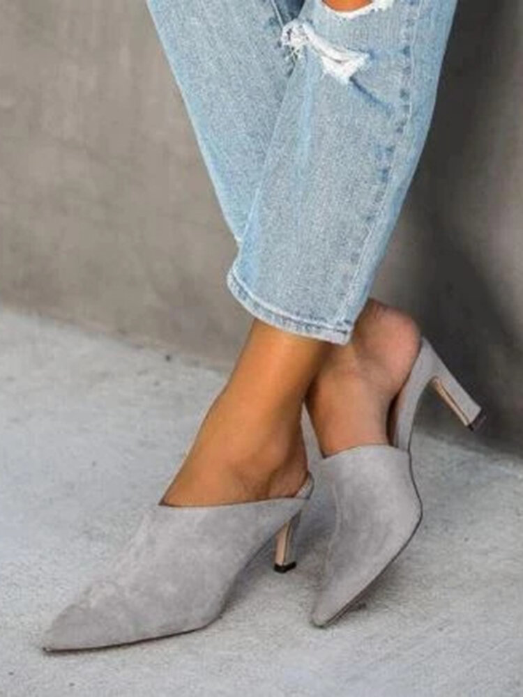 
	Large Size Solid Color Suede Pointed Closed Toe Mules Heels For Women