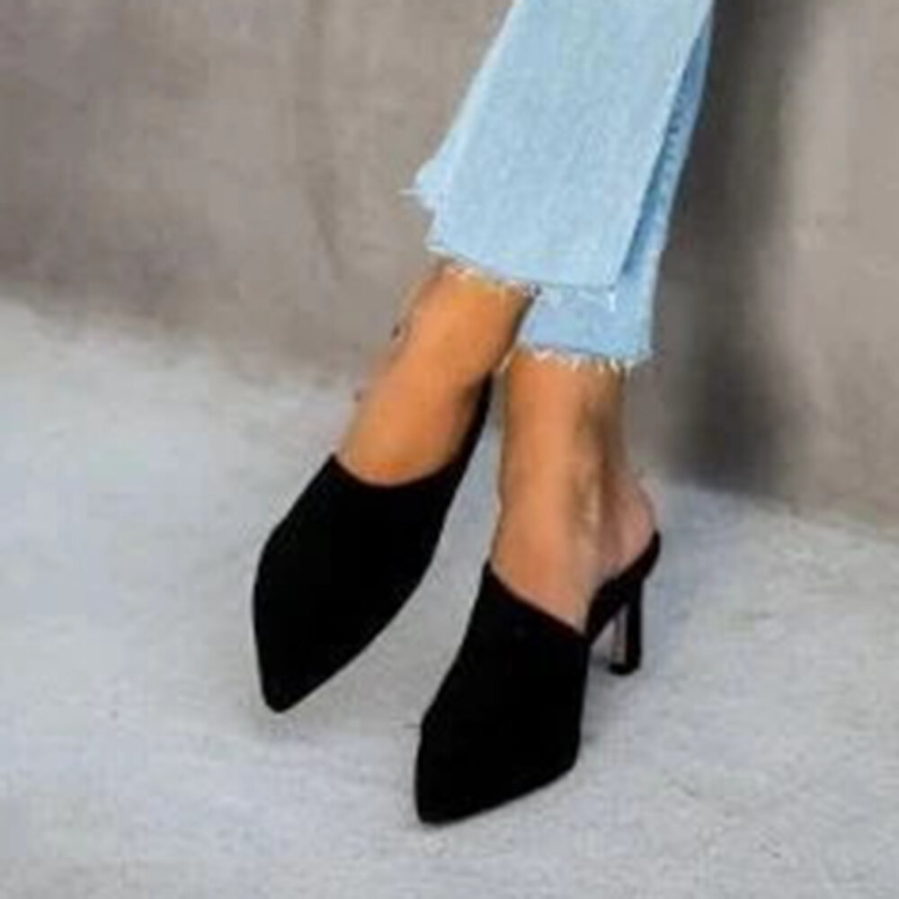 
	Large Size Solid Color Suede Pointed Closed Toe Mules Heels For Women