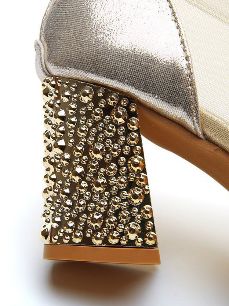 
	Women Fashion Peep Toe Rhinestone Splicing Mesh Comfy Wearable Chunky Heel Sandals