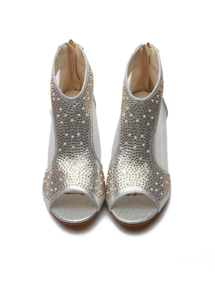 
	Women Fashion Peep Toe Rhinestone Splicing Mesh Comfy Wearable Chunky Heel Sandals