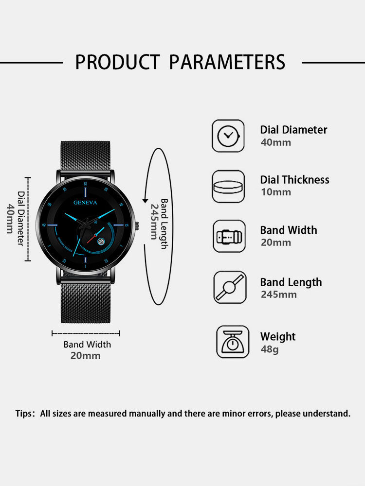 
	Alloy Steel Business Casual Mesh Belt Calendar Mens Quartz Watch