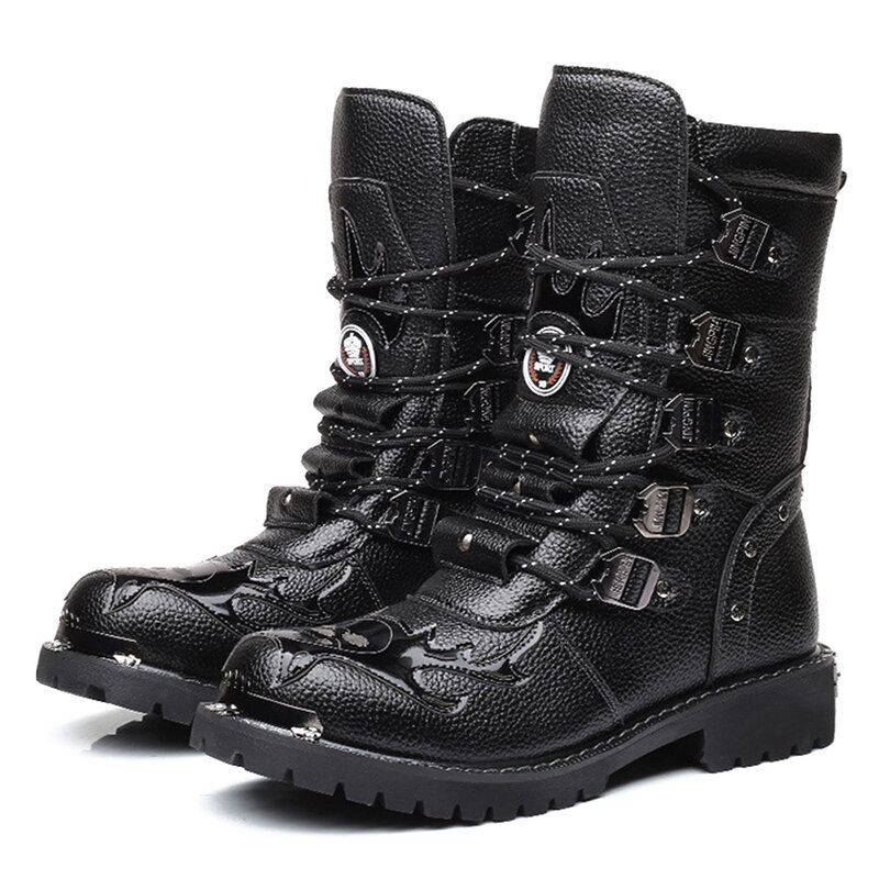
	Men Classic Black Biker Boots Metal Buckle Lace Up Motorcycle Boots