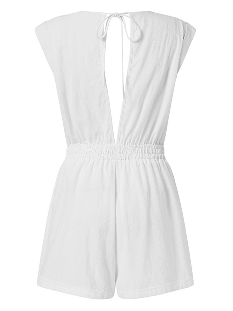 
	Solid Color Knotted Pocket High Waist V-Neck Sleeveless Romper