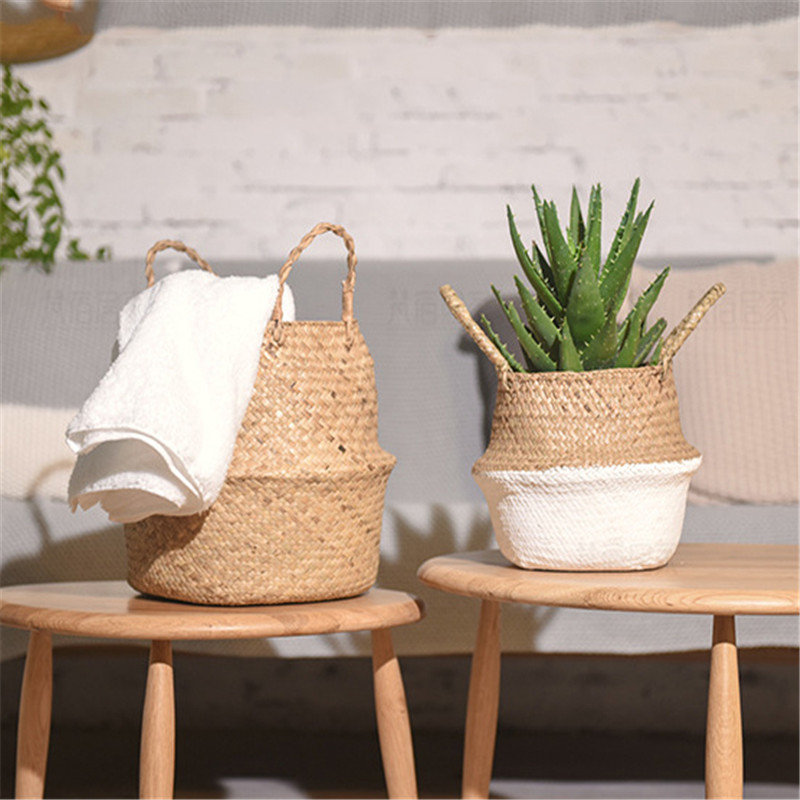
	Household Foldable Natural Seagrass Woven Storage Pot Garden Flower Vase Hanging Basket With Handle