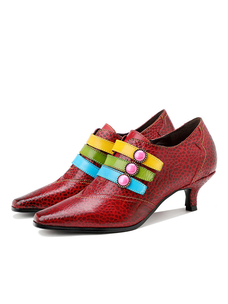 
	Socofy Retro Print Genuine Leather Colorful Button Pointed Toe Cone Heel Business Shoes Side Zipper Low Heel Pumps