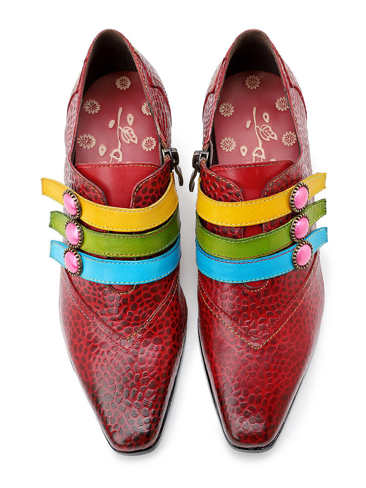
	Socofy Retro Print Genuine Leather Colorful Button Pointed Toe Cone Heel Business Shoes Side Zipper Low Heel Pumps