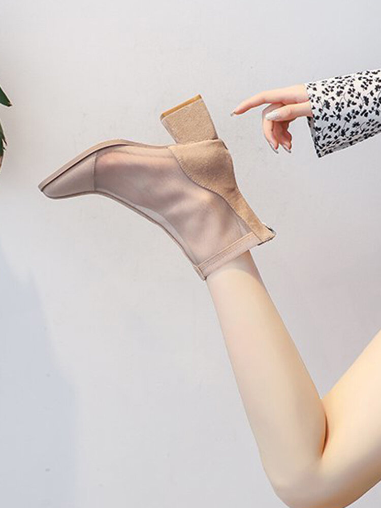 
	Women Solid Color Summer Breathable Mesh Suede Pacthwork Back-zip Heel Boots