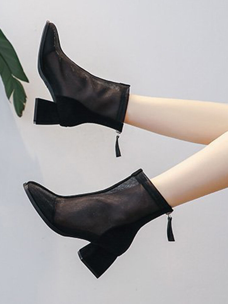 
	Women Solid Color Summer Breathable Mesh Suede Pacthwork Back-zip Heel Boots