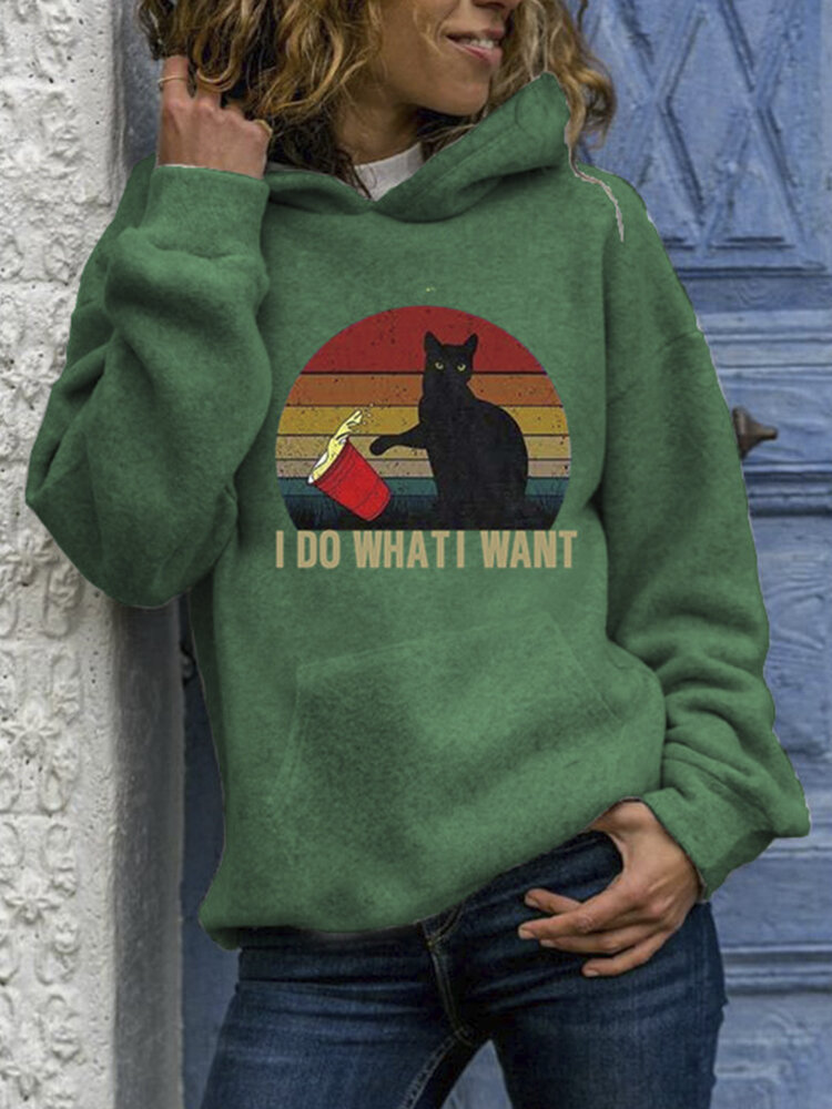 
	Black Cat Print Long Sleeves Casual Hoodies for Women