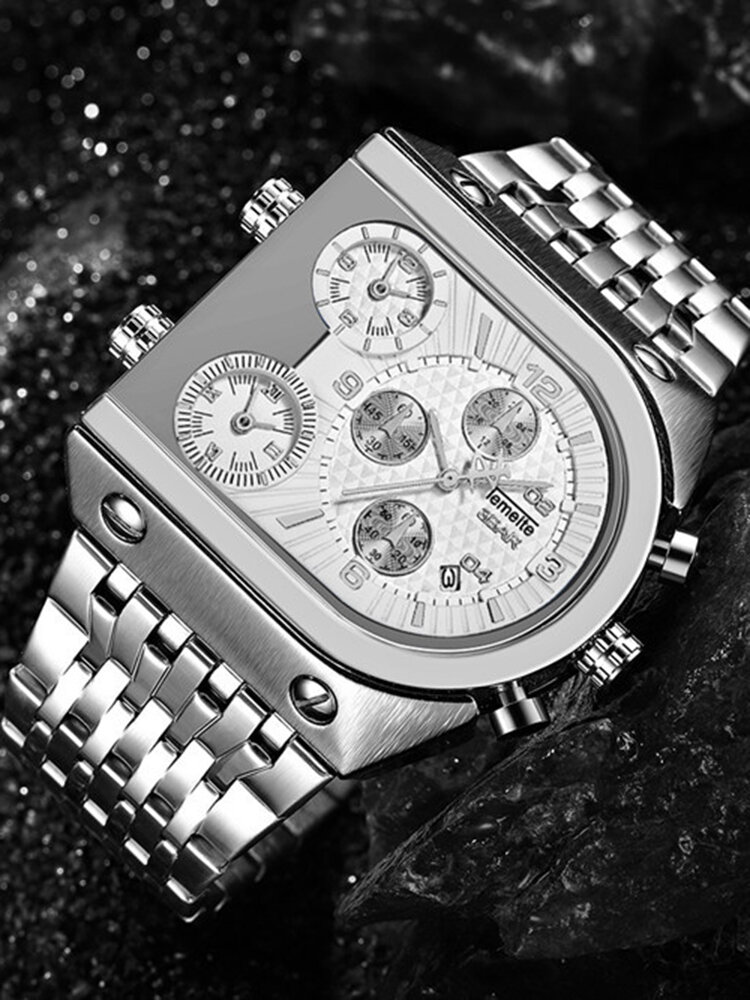 
	U-Shape Dial Men Business Watch Three Time Zone Calendar Waterproof Quartz Watch