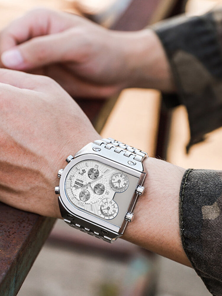 
	U-Shape Dial Men Business Watch Three Time Zone Calendar Waterproof Quartz Watch