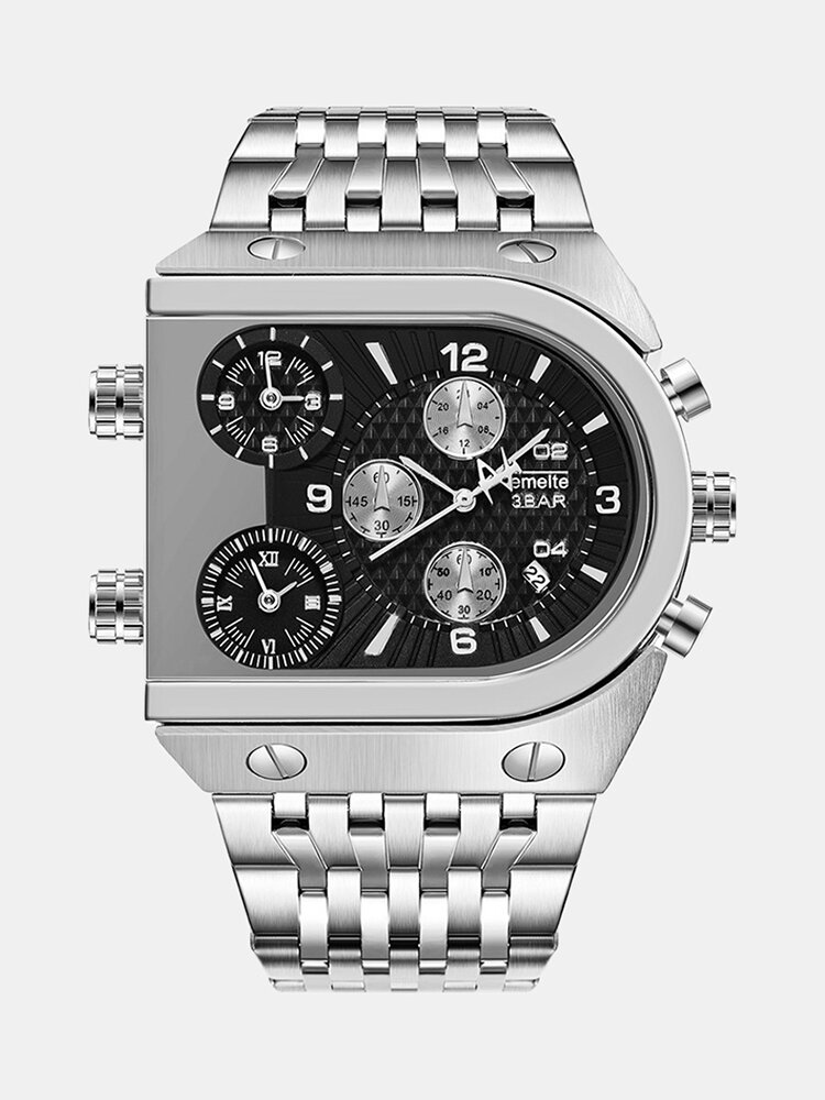 
	U-Shape Dial Men Business Watch Three Time Zone Calendar Waterproof Quartz Watch