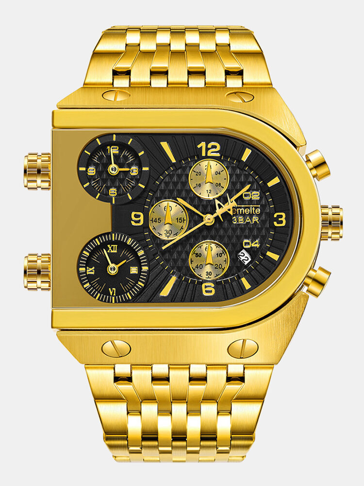 
	U-Shape Dial Men Business Watch Three Time Zone Calendar Waterproof Quartz Watch