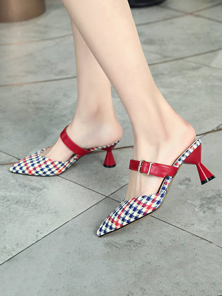 
	Women Retro Elegant Lattice Pattern Pointed Toe Backless Cone Heel Shoes
