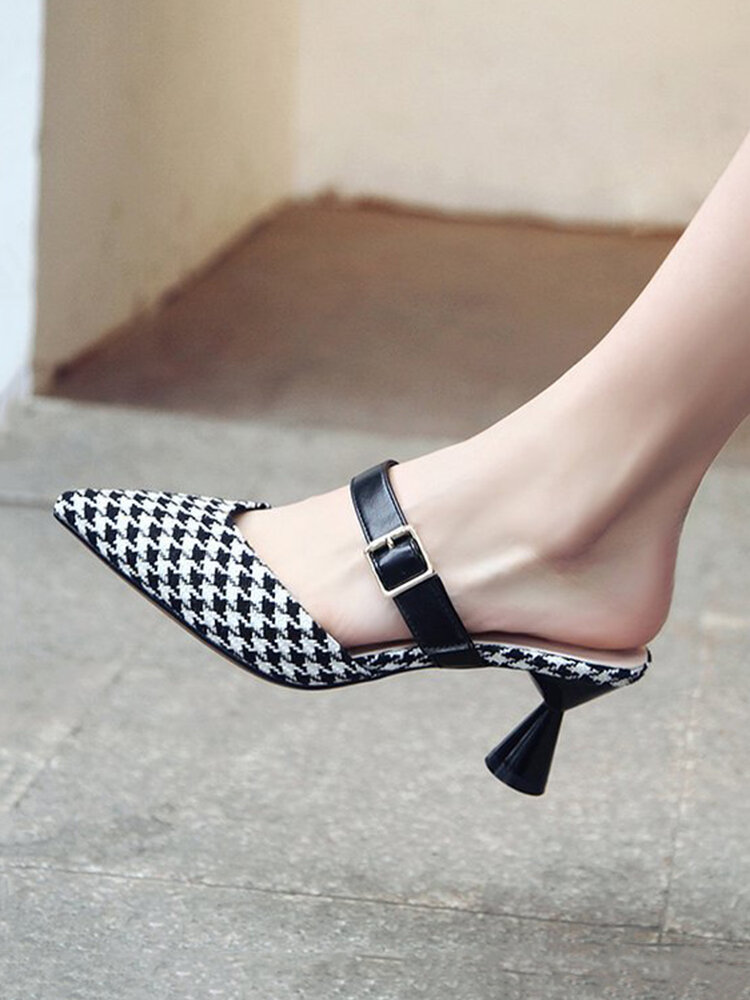 
	Women Retro Elegant Lattice Pattern Pointed Toe Backless Cone Heel Shoes