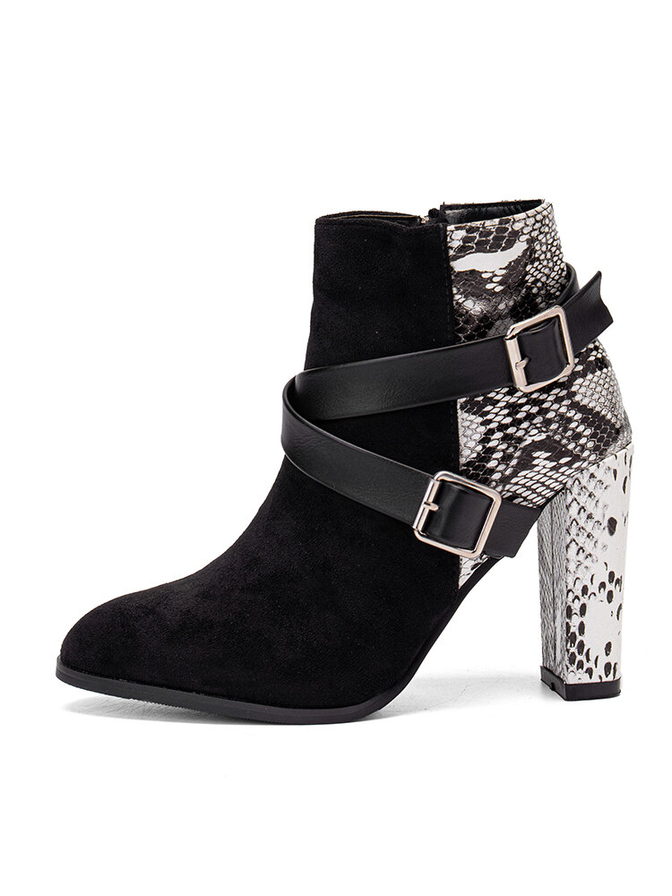 
	Plus Size Fashion Snake Pattern Patchwork Comfy Side-zip Block Heel Boots For Women