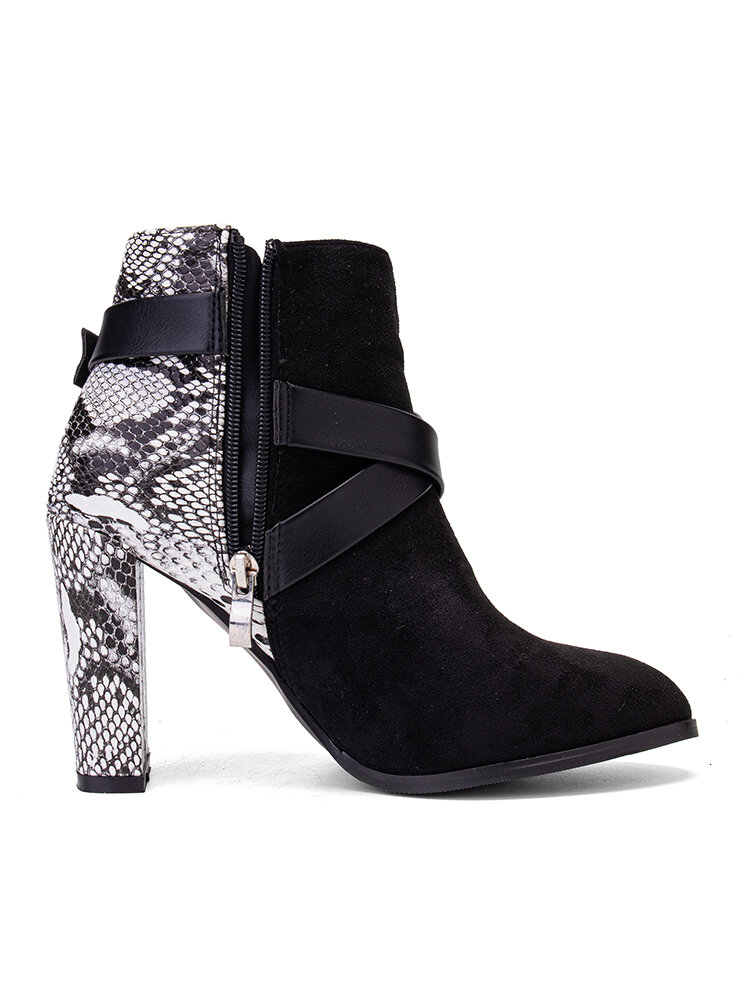
	Plus Size Fashion Snake Pattern Patchwork Comfy Side-zip Block Heel Boots For Women