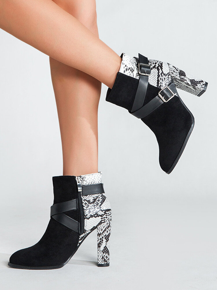 
	Plus Size Fashion Snake Pattern Patchwork Comfy Side-zip Block Heel Boots For Women