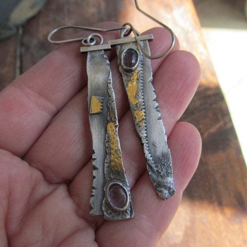 
	Vintage Sickle Serrated Earrings 925 Silver Plated Amethyst Inlaid Pendant Earrings