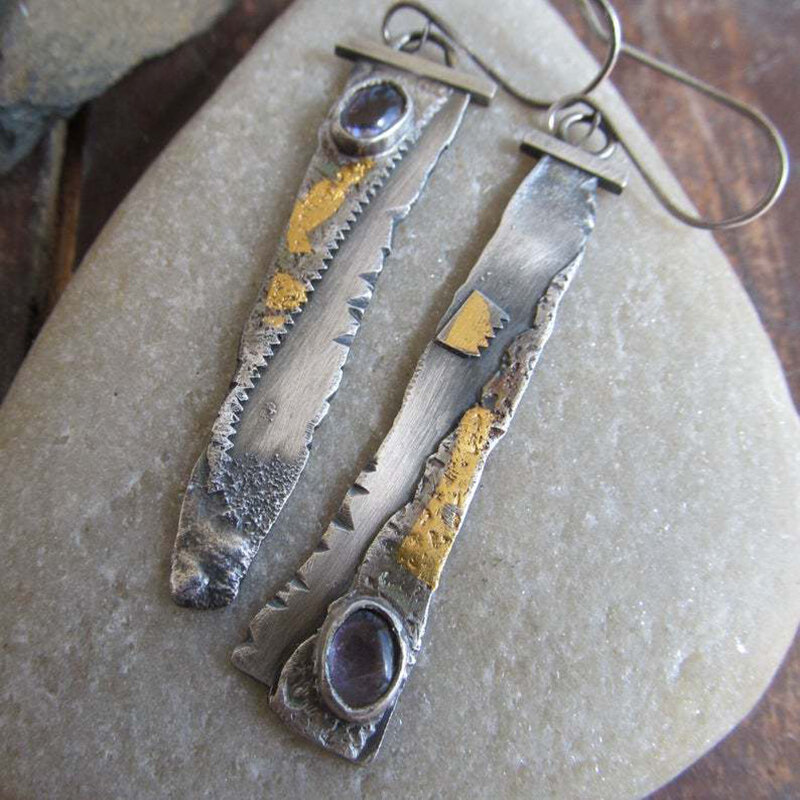 
	Vintage Sickle Serrated Earrings 925 Silver Plated Amethyst Inlaid Pendant Earrings