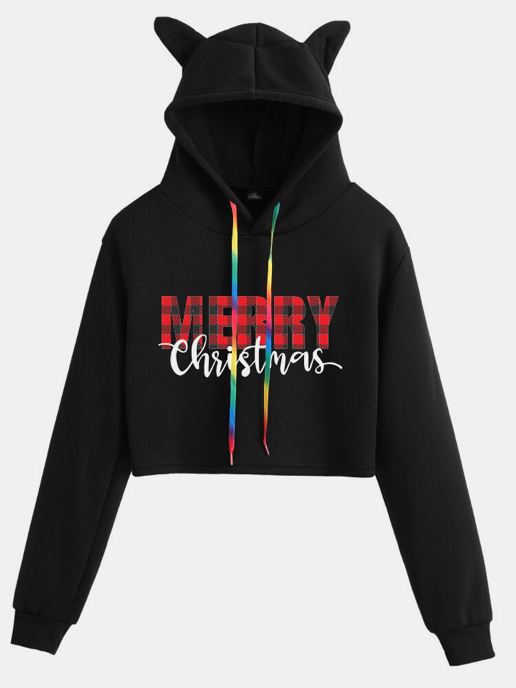 
	Christmas Letters Print Long Sleeve Casual Hoodie For Women