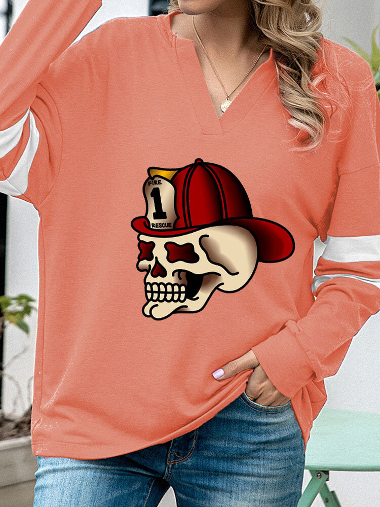 
	Halloween Cartoon Skull Print Long Sleeve V-neck Sweatshirt