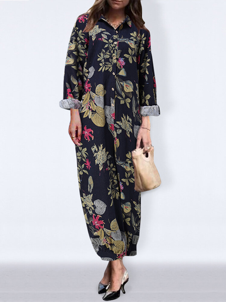
	Leaves Floral Print Long Sleeve Vintage Jumpsuit For Women