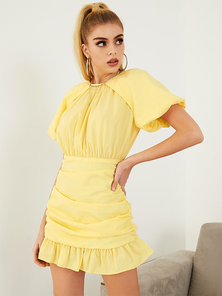 
	Solid Puff Sleeve Folds Ruffle Short Sleeve Casual Dress