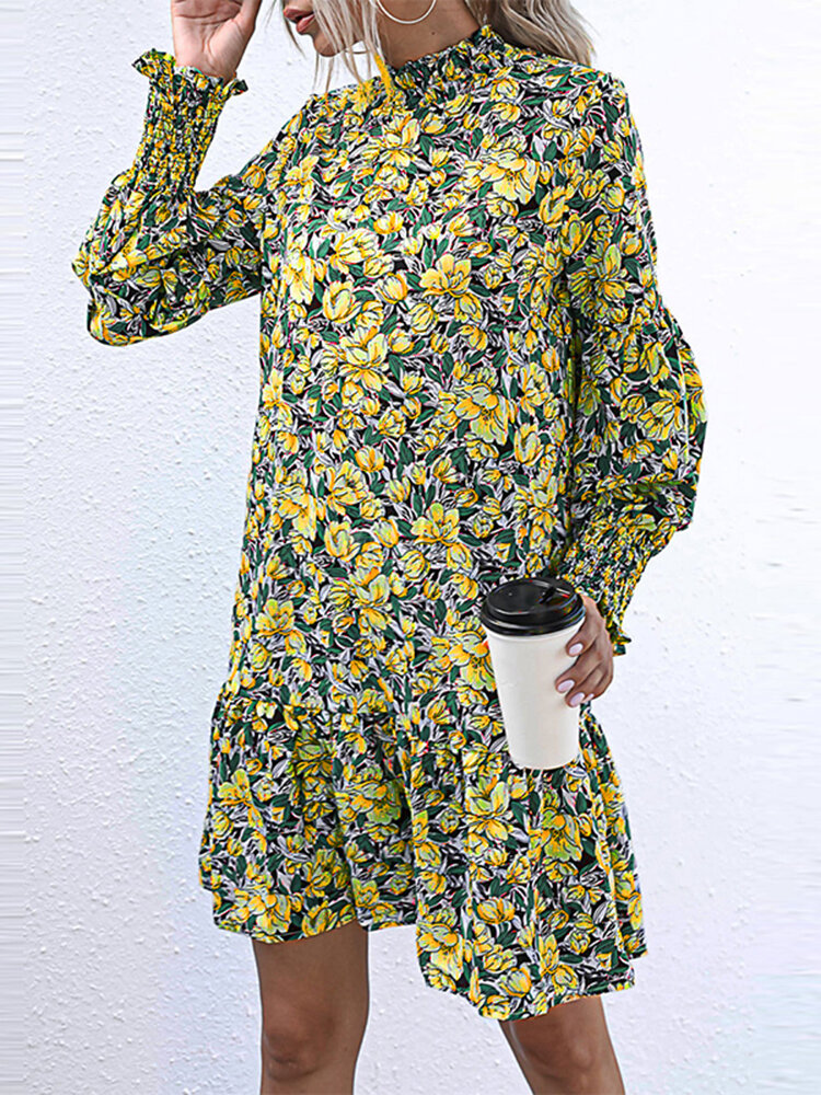 
	Floral Print Puff Long Sleeves Shirred Half-collar Dress