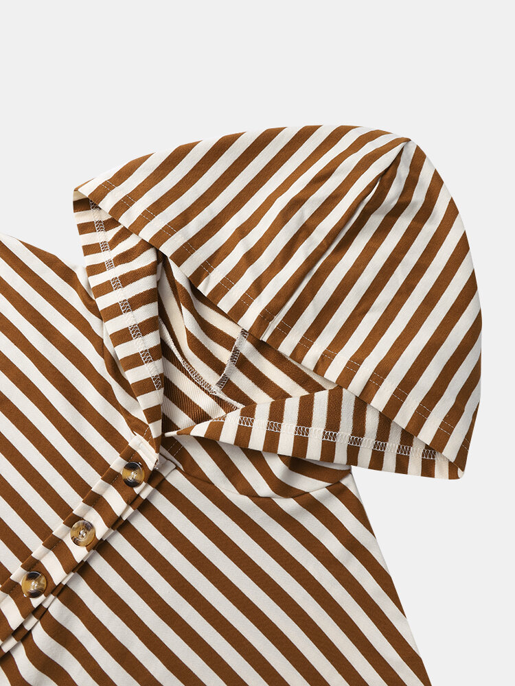 
	Striped Print Button Hooded Casual Hoodies for Women