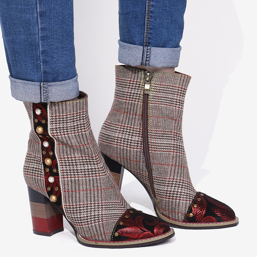 
	SOCOFY Grid Pattern Fashion Bead Sheep Leather Splicing High Square Heel Short Boots