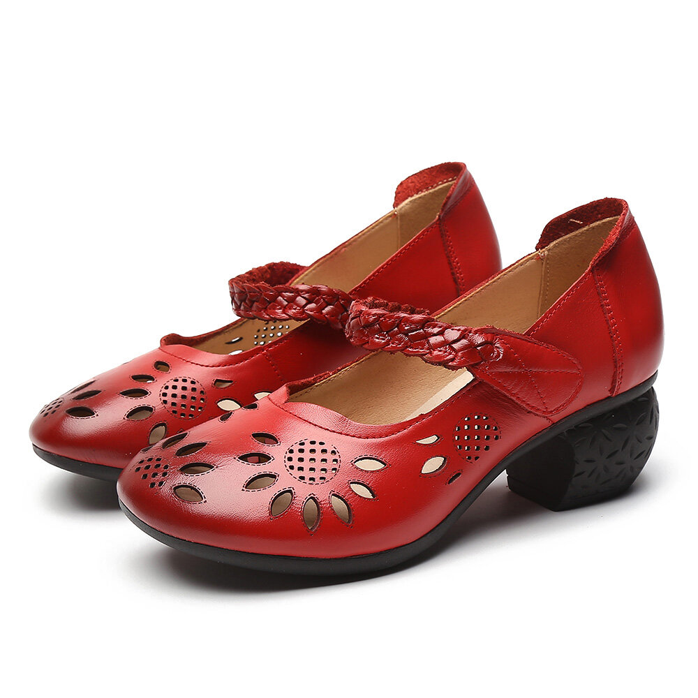 
	SOCOFY Leather Cutout Floral Braided Adjustable Ankle Strap Chunky Heel D’orsay Pumps