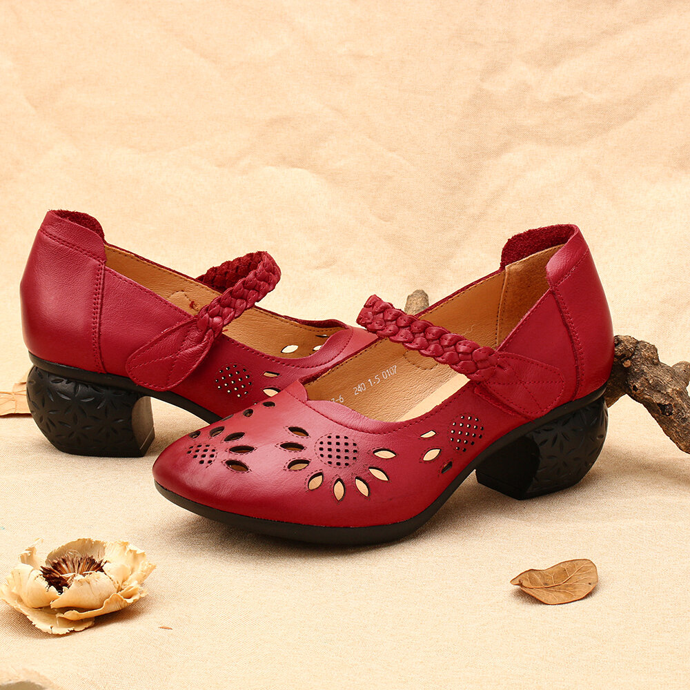 
	SOCOFY Leather Cutout Floral Braided Adjustable Ankle Strap Chunky Heel D’orsay Pumps