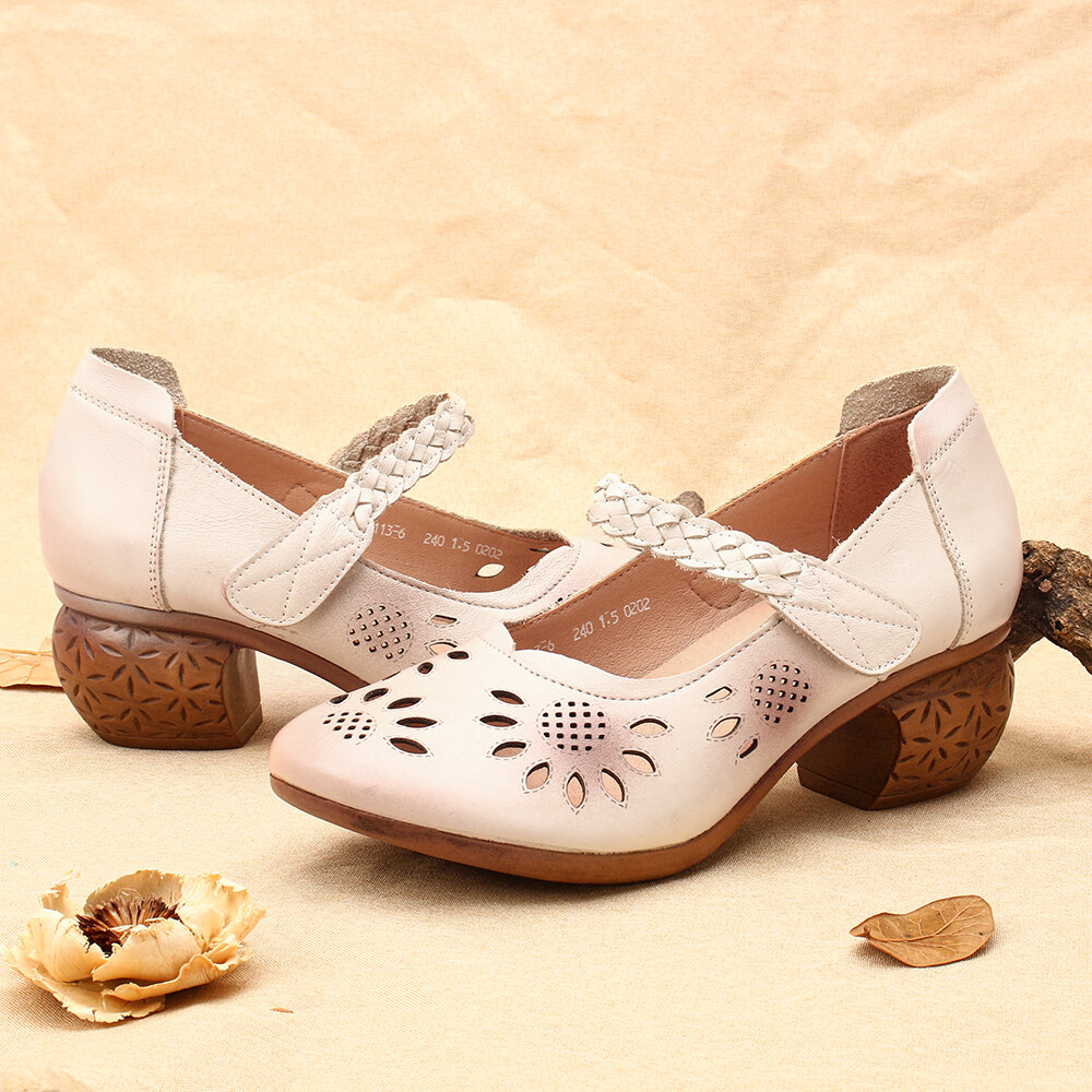 
	SOCOFY Leather Cutout Floral Braided Adjustable Ankle Strap Chunky Heel D’orsay Pumps