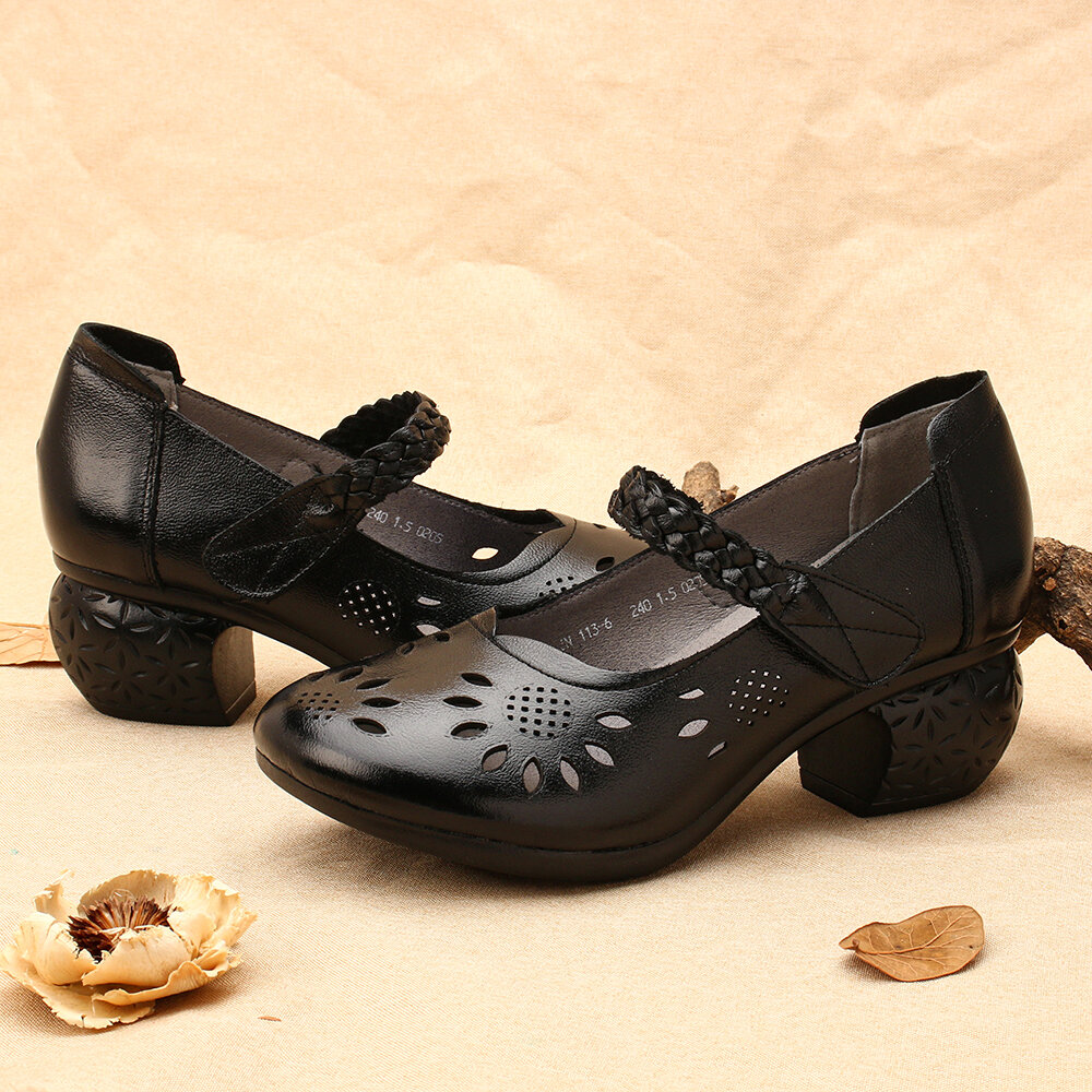 
	SOCOFY Leather Cutout Floral Braided Adjustable Ankle Strap Chunky Heel D’orsay Pumps