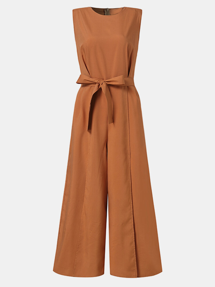 
	Solid Color Waistband Slit Hem Sleeveless Casual Jumpsuit for Women