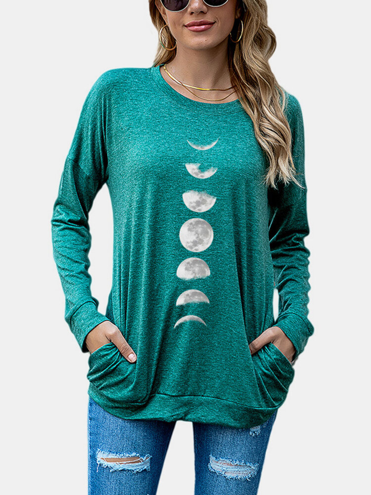 
	Moon Printed Long Sleeve O-neck Sweatshirt For Women