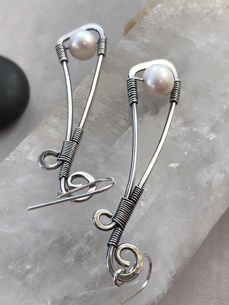 
	Vintage 925 Silver Plated Women Earrings Symmetry Bowknot Pearl Pendant Earrings